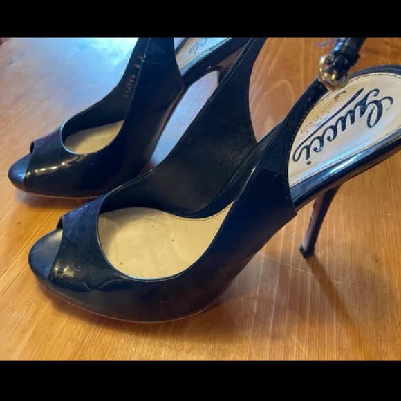 Gucci Shoes - Gucci Blue Patent Leather Peep Toe Sling Back Heels Size 8